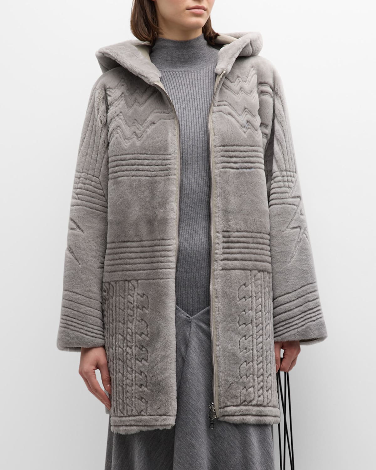Gorski Reversible Shearling Lamb Parka With Grooved Pattern In Light Gray
