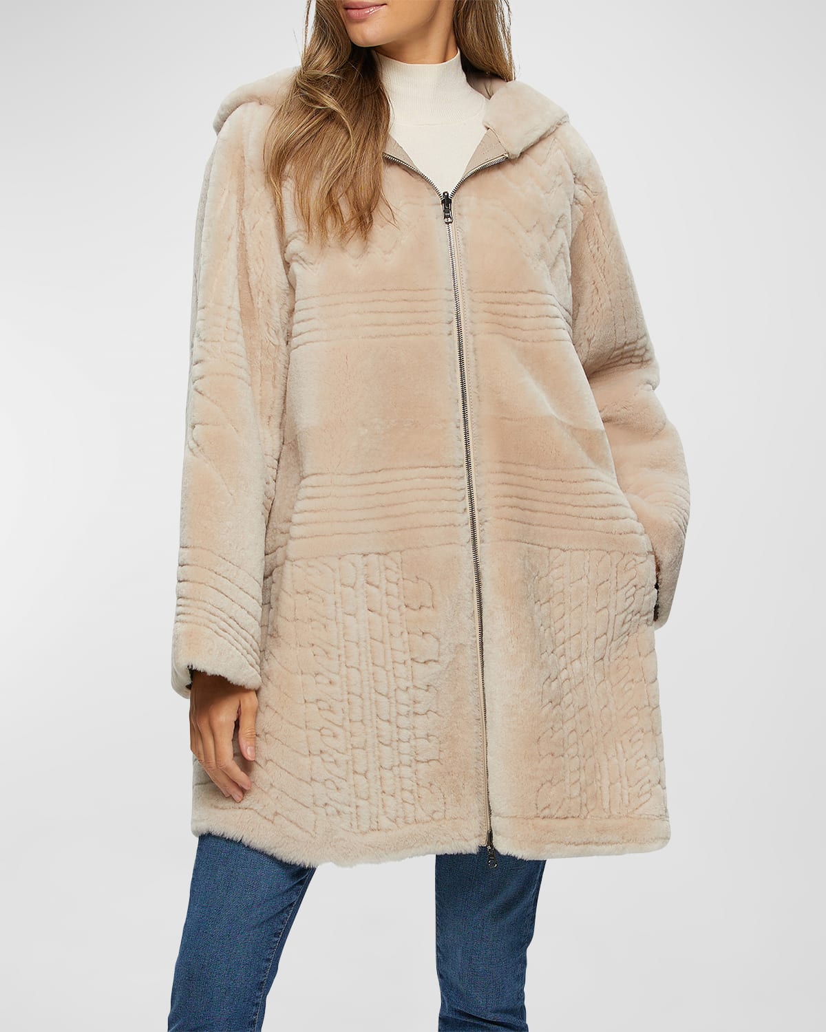 Gorski Reversible Shearling Lamb Parka With Grooved Pattern In Beige