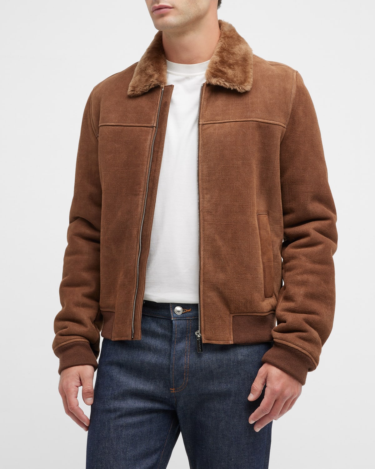 Gorski Men's Lamb Shearling Check Bomber Jacket In Camel Pattern