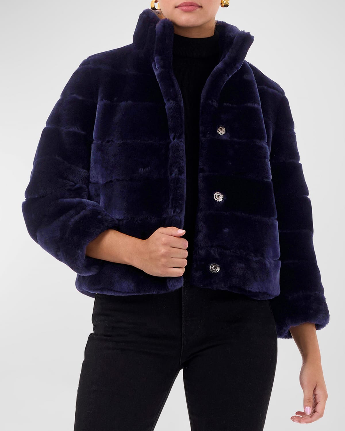 Gorski Horizontal Lamb Shearling Bracelet-sleeve Jacket In Navy