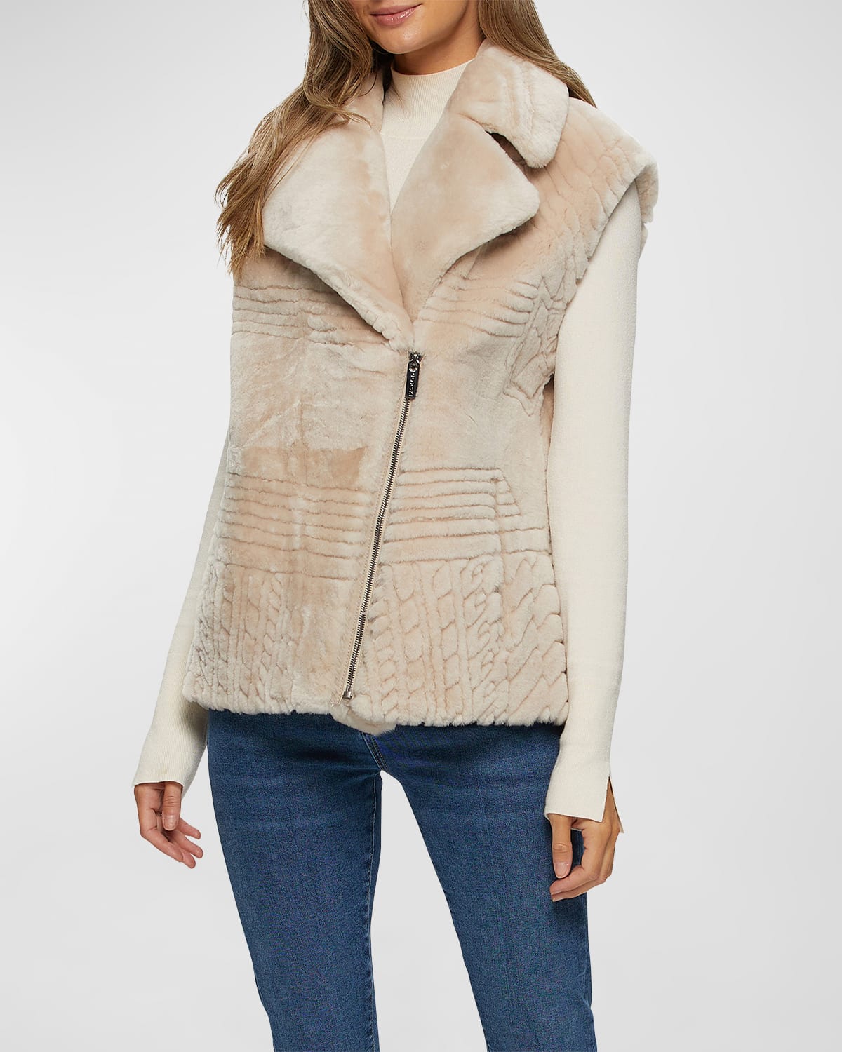 Gorski Shearling Lamb Zip Vest With Grooved Pattern In Beige
