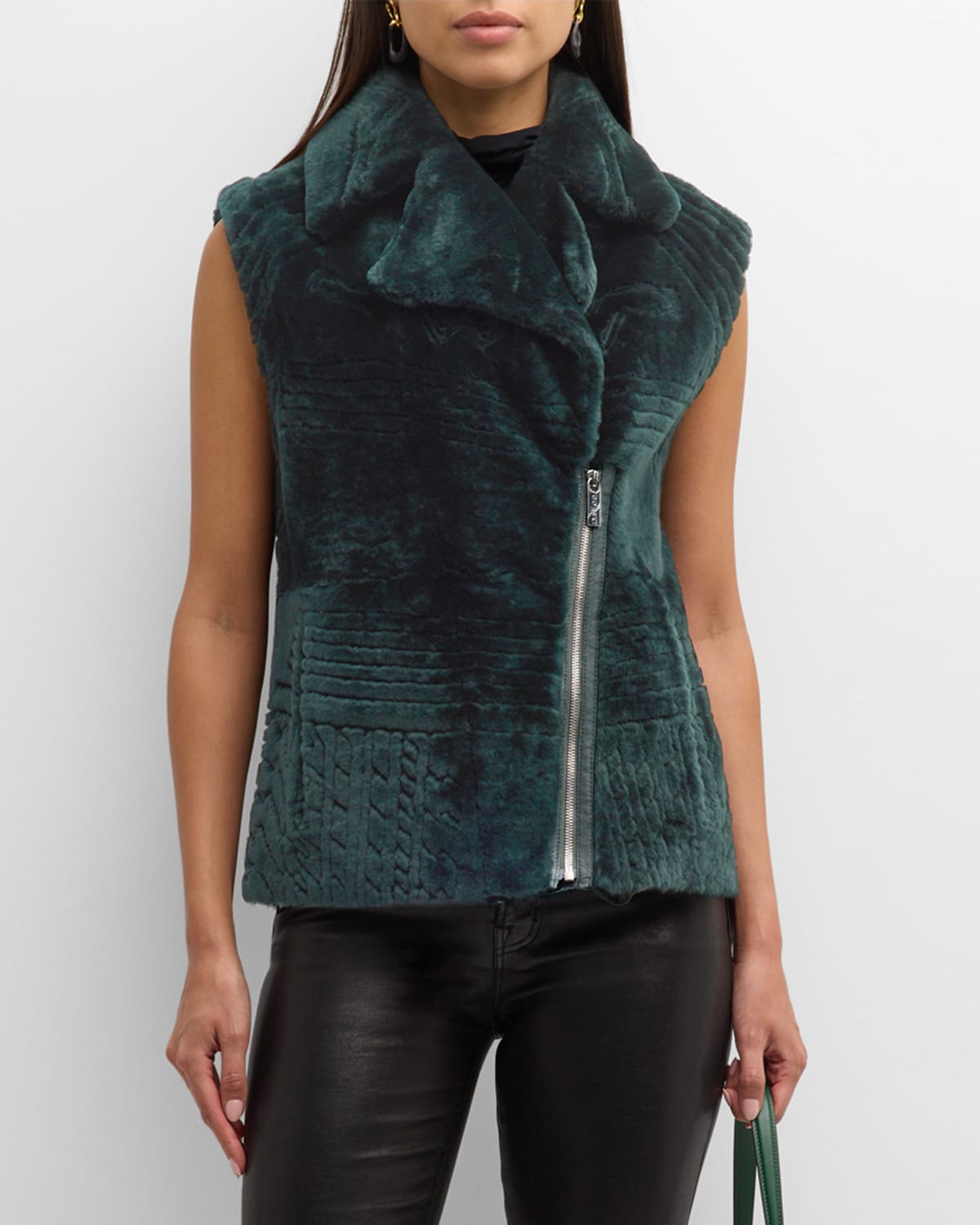Gorski Shearling Lamb Zip Vest With Grooved Pattern In Emerald