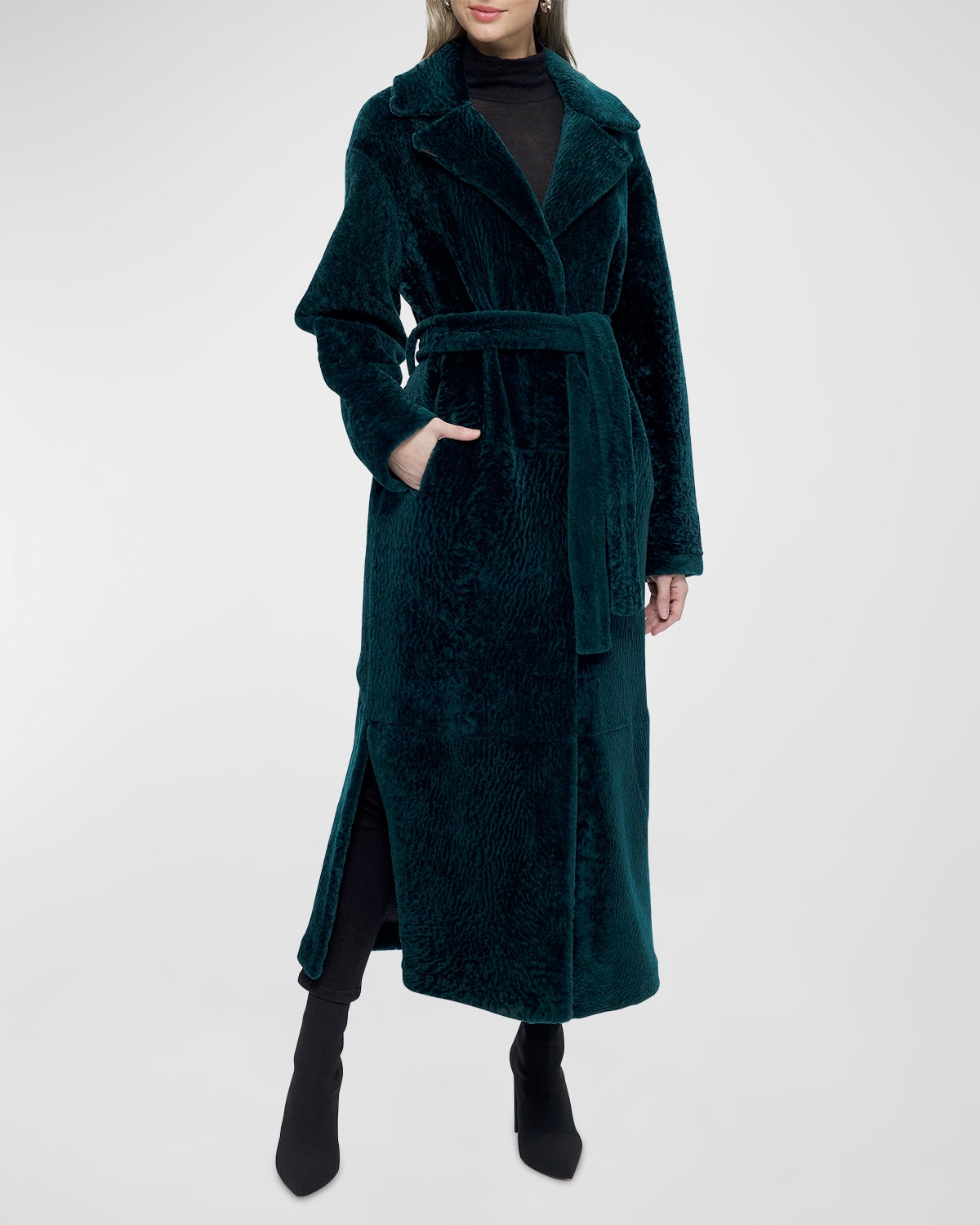 Reversible Shearling Lamb Belted Long Coat With Side Slits