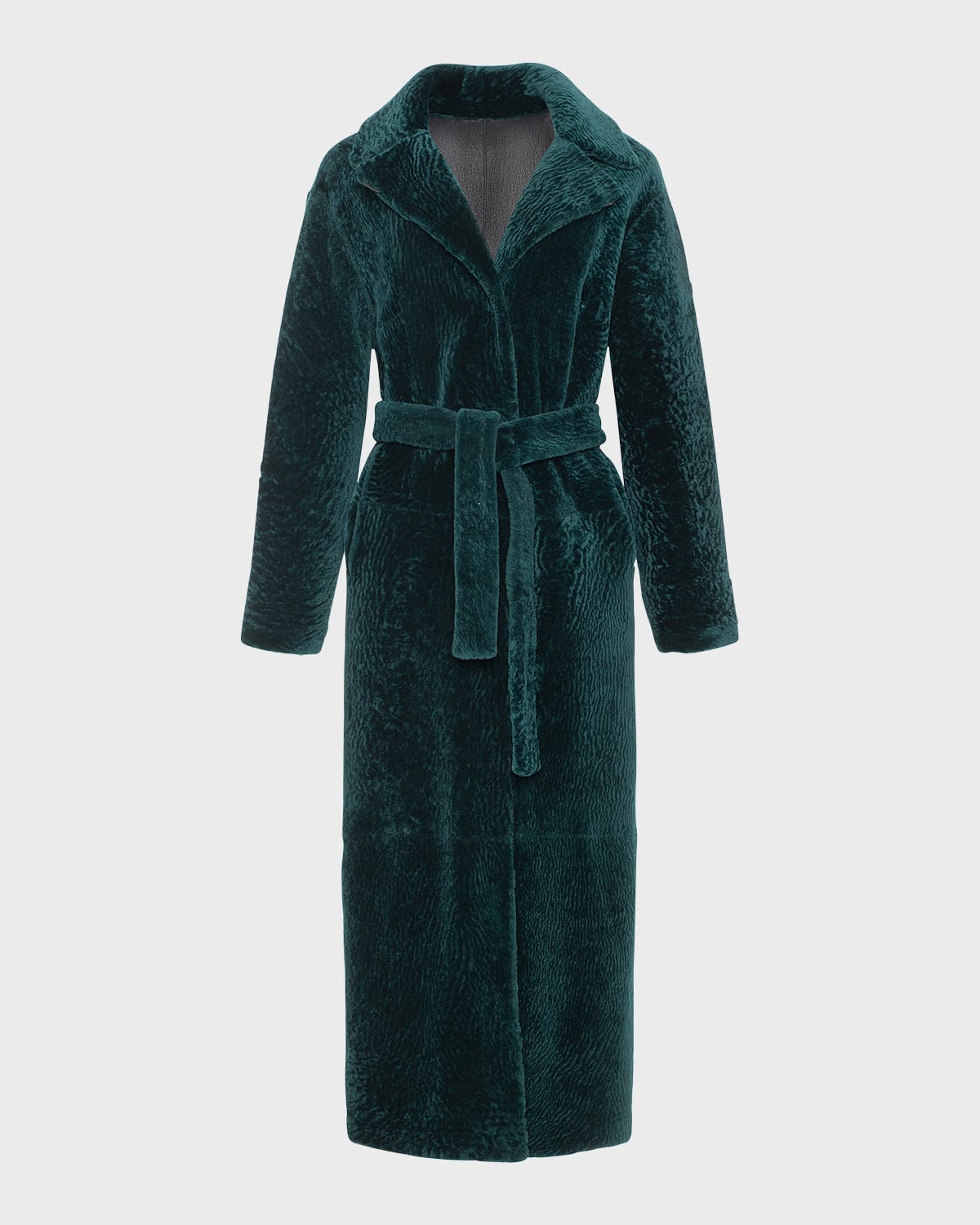 Reversible Shearling Lamb Belted Long Coat With Side Slits