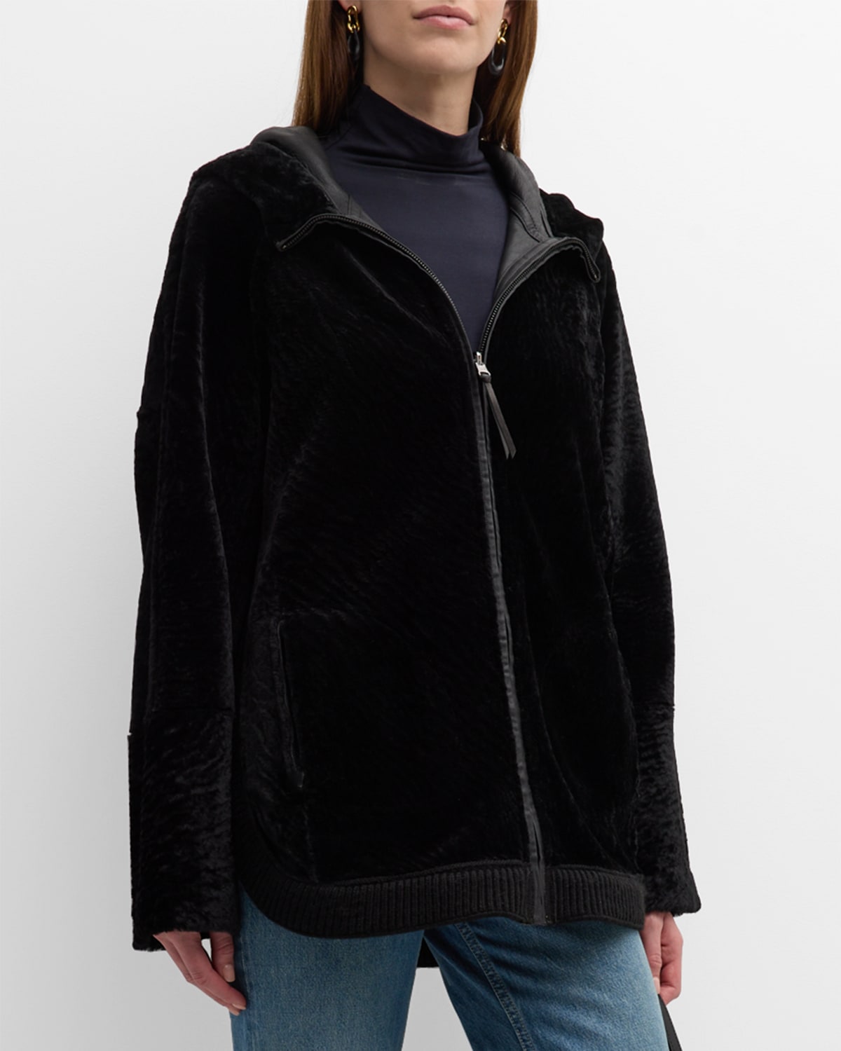 Gorski Reversible Shearling Lamb Zip Parka Jacket With Side Slits In Black