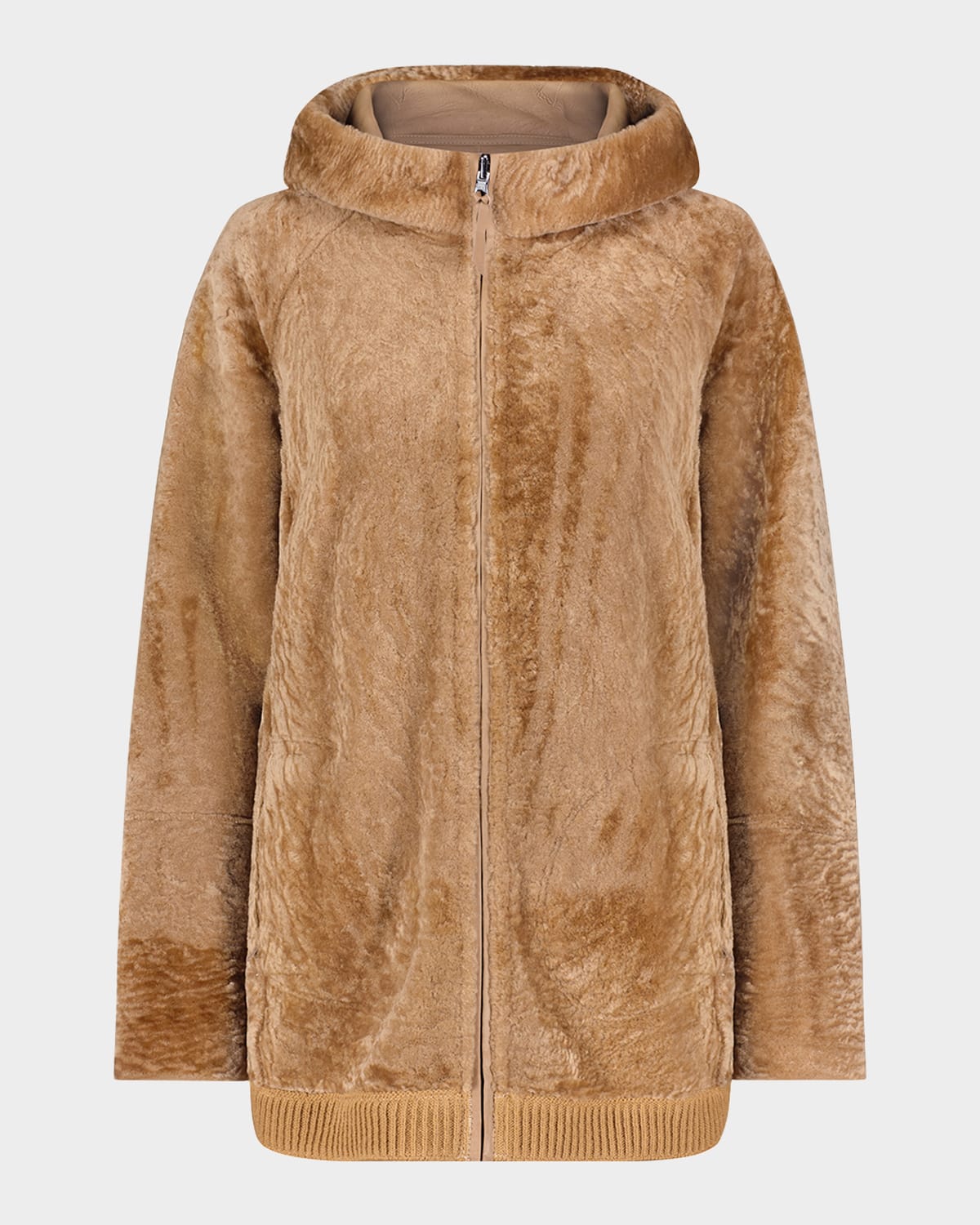 Reversible Shearling Lamb Zip Parka Jacket With Side Slits