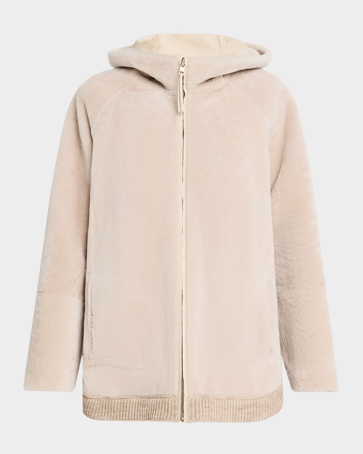 Reversible Shearling Lamb Zip Parka Jacket With Side Slits