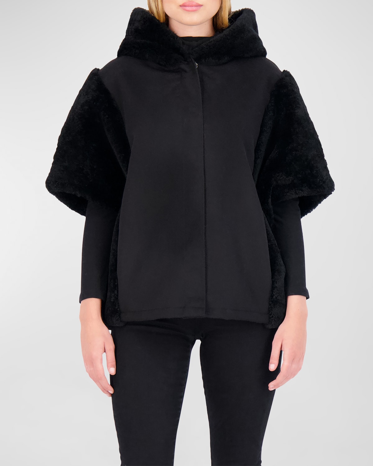 Gorski Sheared Cashmere Goat Fur-paneled Hooded Short-sleeve Cashmere Jacket In Black