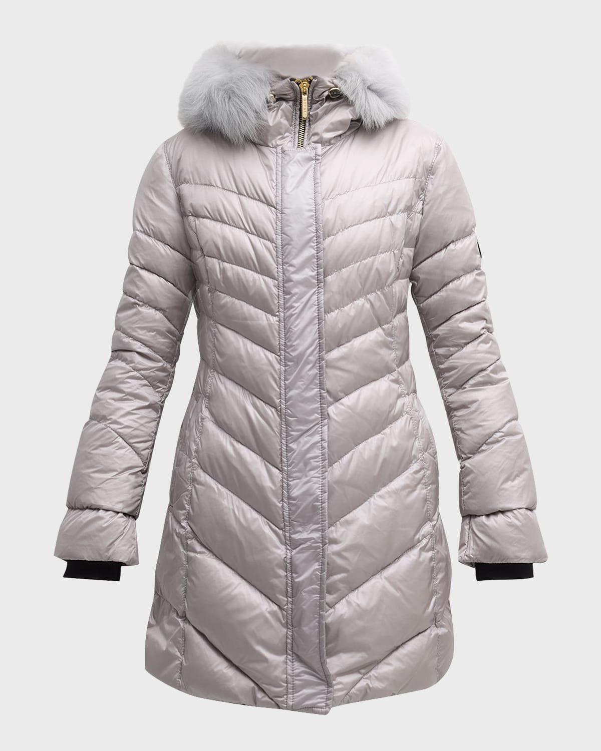 Gorski Apres-ski Chevron Padded Parka Jacket With Detachable Toscana Lamb Shearling Hood Trim In Ivory / Whiskey