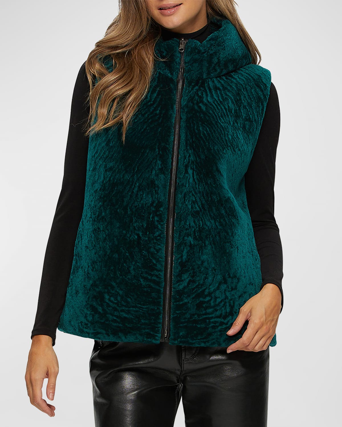 Gorski Shearling Lamb Zip Vest Hooded Reversible To Taffeta In Emerald / Black