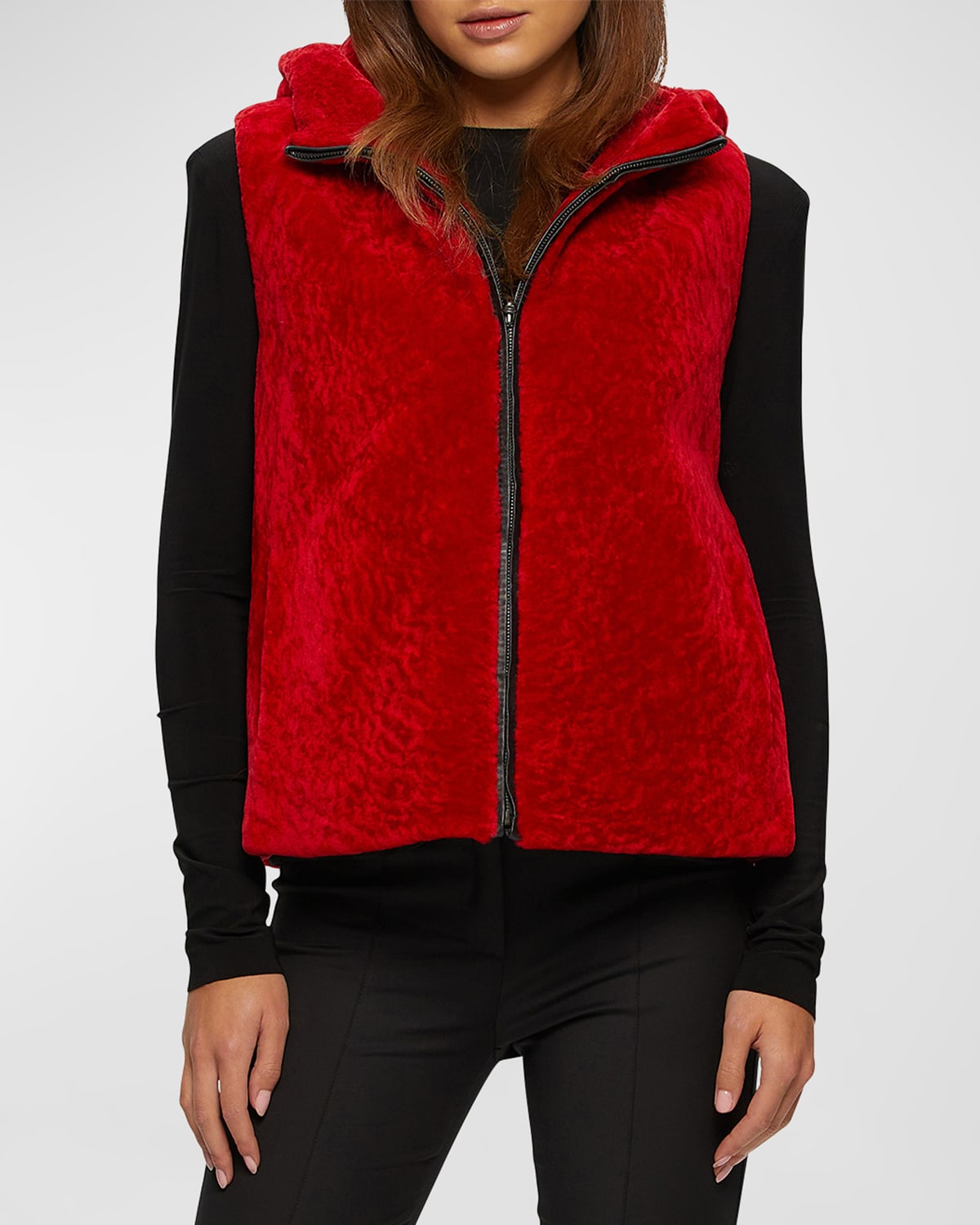Gorski Shearling Lamb Zip Vest Hooded Reversible To Taffeta In Red / Black
