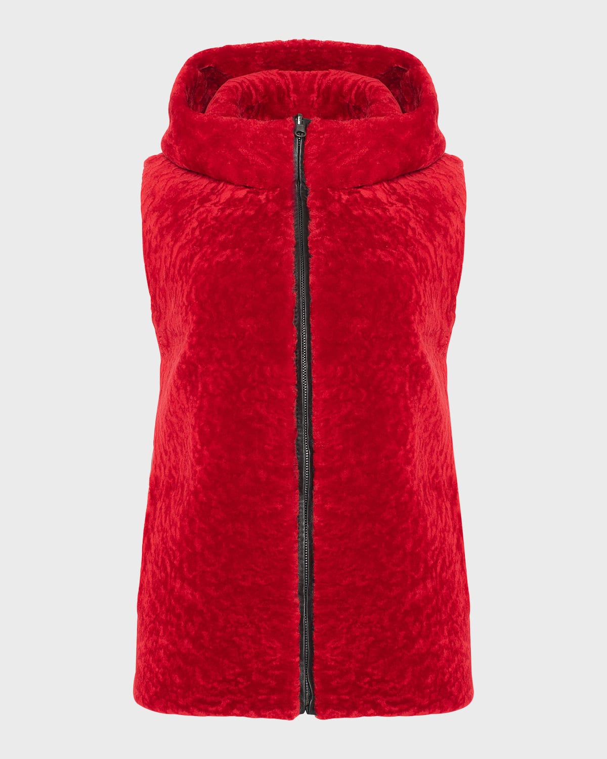 Gorski Shearling Lamb Zip Vest Hooded Reversible To Taffeta In Red / Black