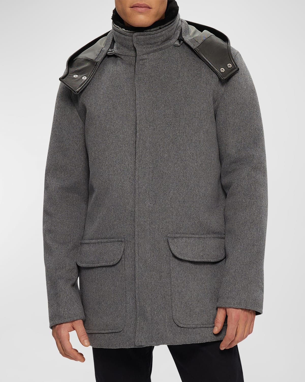 Gorski Mens Loro Piana Wool Parka With Leather Trim And Detachable Hood And Shearling Lamb Collar In Gray / Black