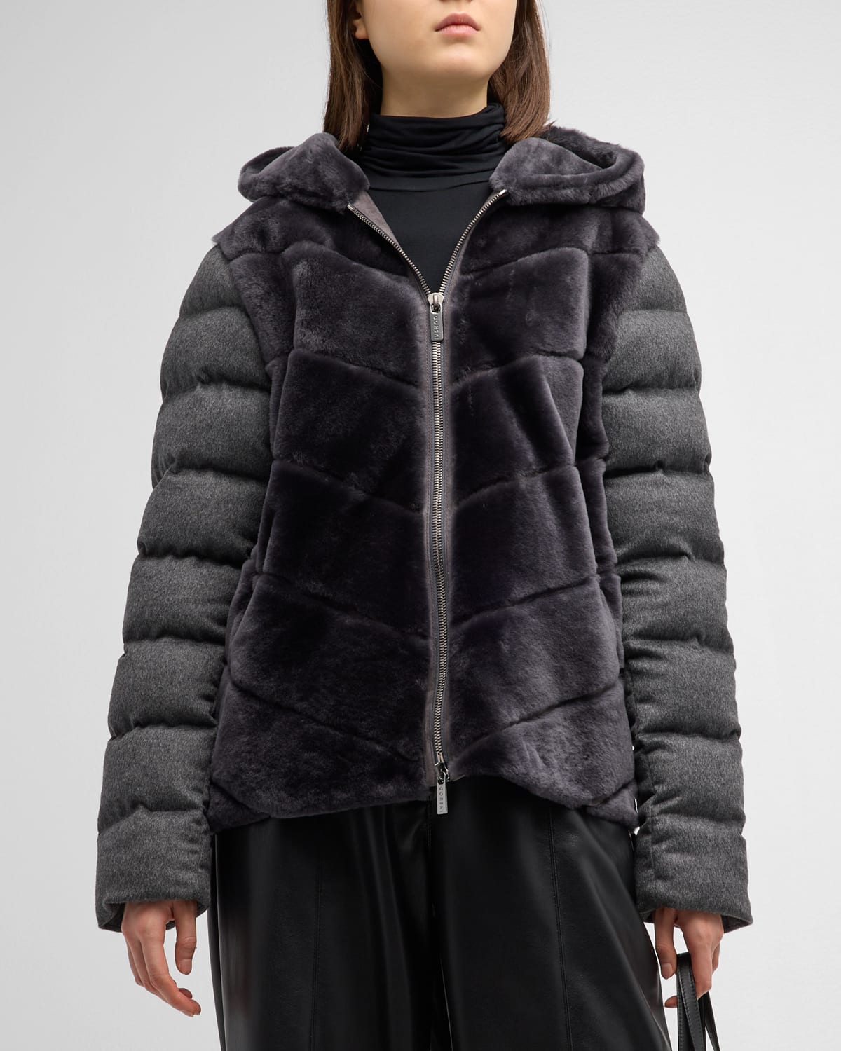 Gorski Chevron Lamb Shearling Parka With Wool-cashmere Sleeves And Back In Anthracite