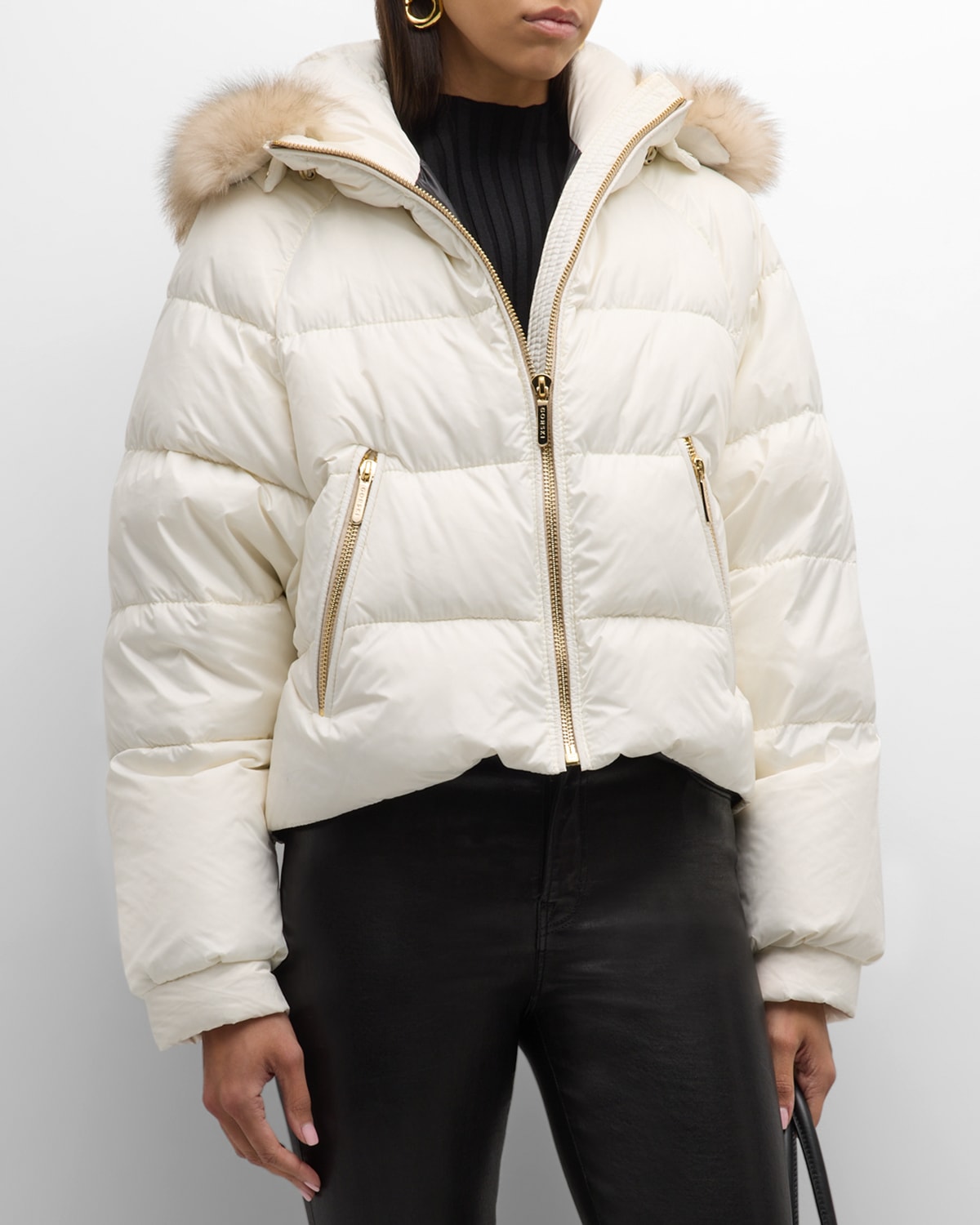Gorski Apres-ski Crop Puffer Jacket With Detachable Toscana Lamb Shearling Hood Trim In Ivory / Whiskey