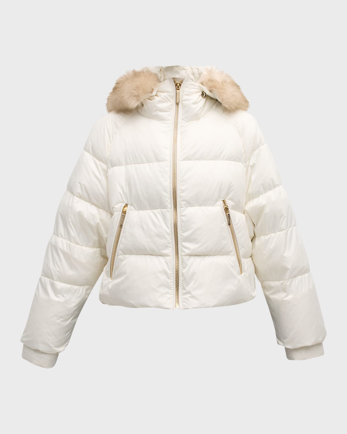 Gorski Apres-ski Crop Puffer Jacket With Detachable Toscana Lamb Shearling Hood Trim In Ivory / Whiskey