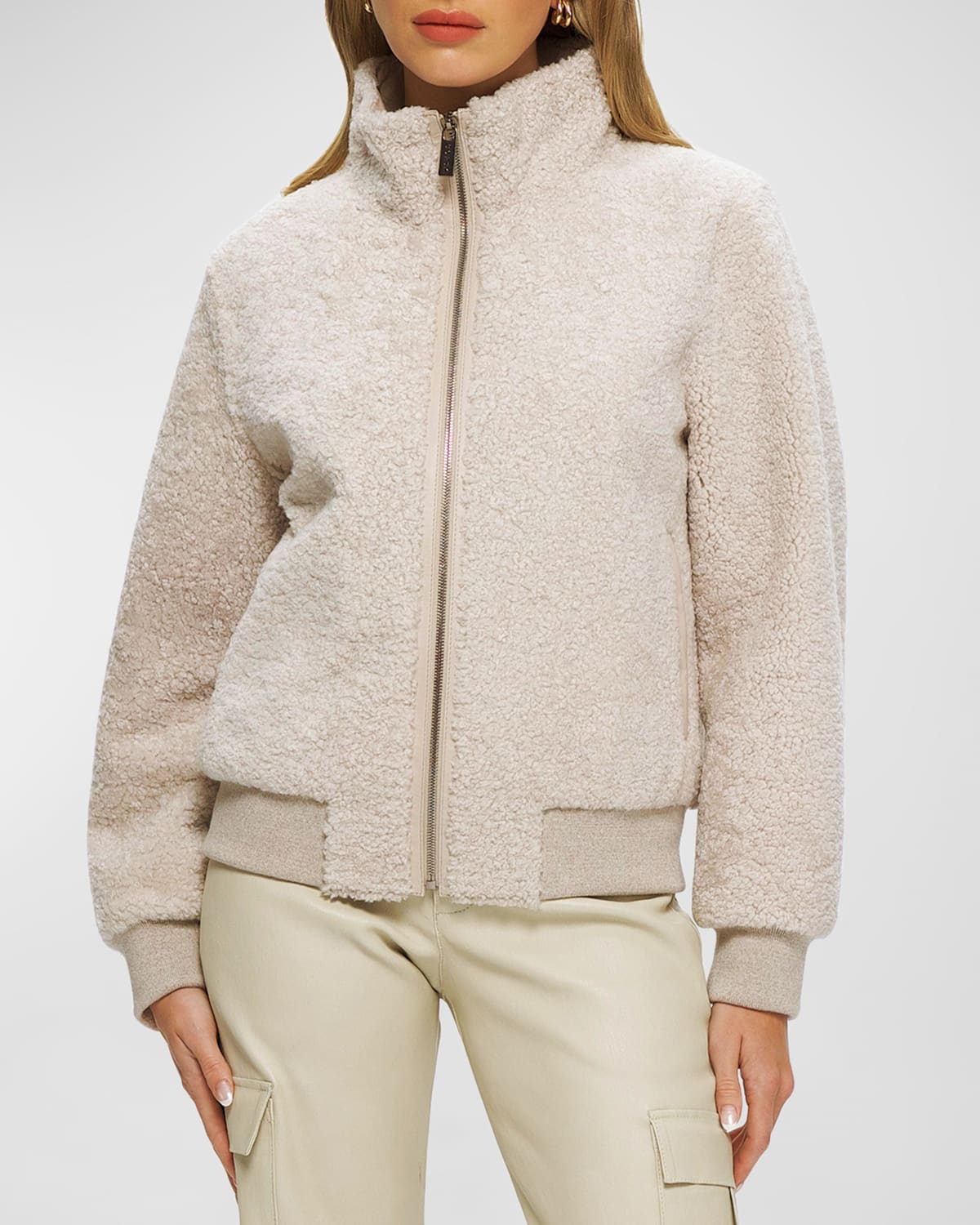 Gorski Shearling Lamb Bomber Jacket With Leather Trim In Cream