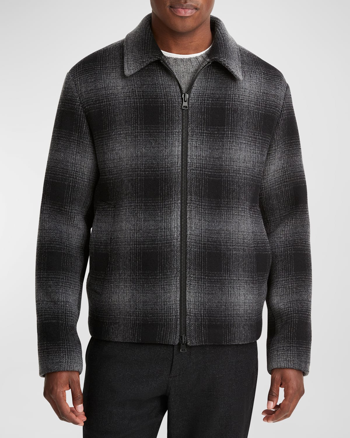 Shop Vince Men's Tonal Plaid Zip-front Overshirt In H Blackh Grey