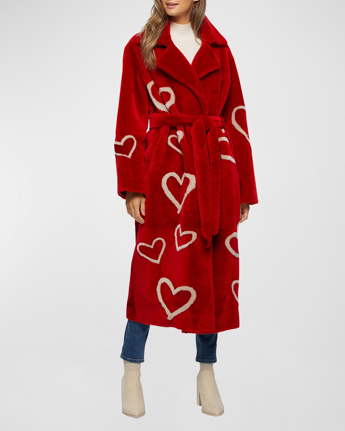 Gorski Shearling Lamb Coat With Heart Intarsia In Red / Beige