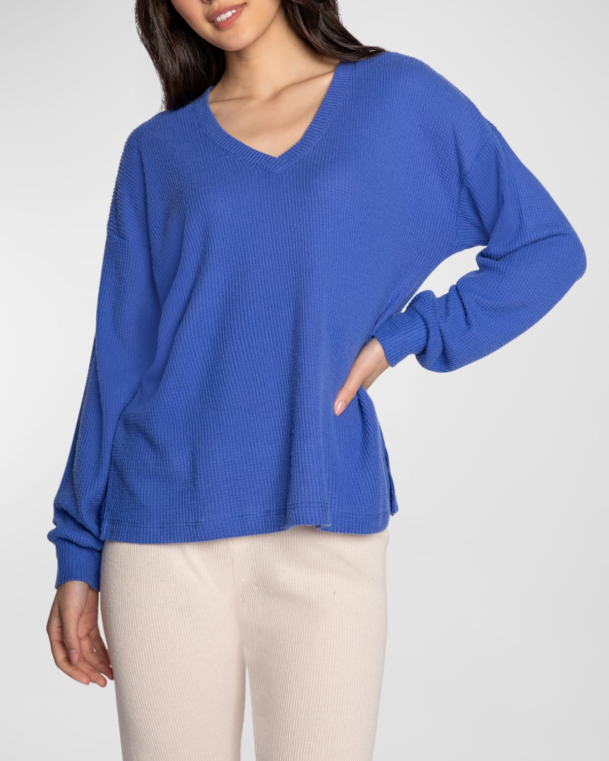 Pj Salvage The Remix V-neck Waffle Thermal Pyjama Top In Royal Blue