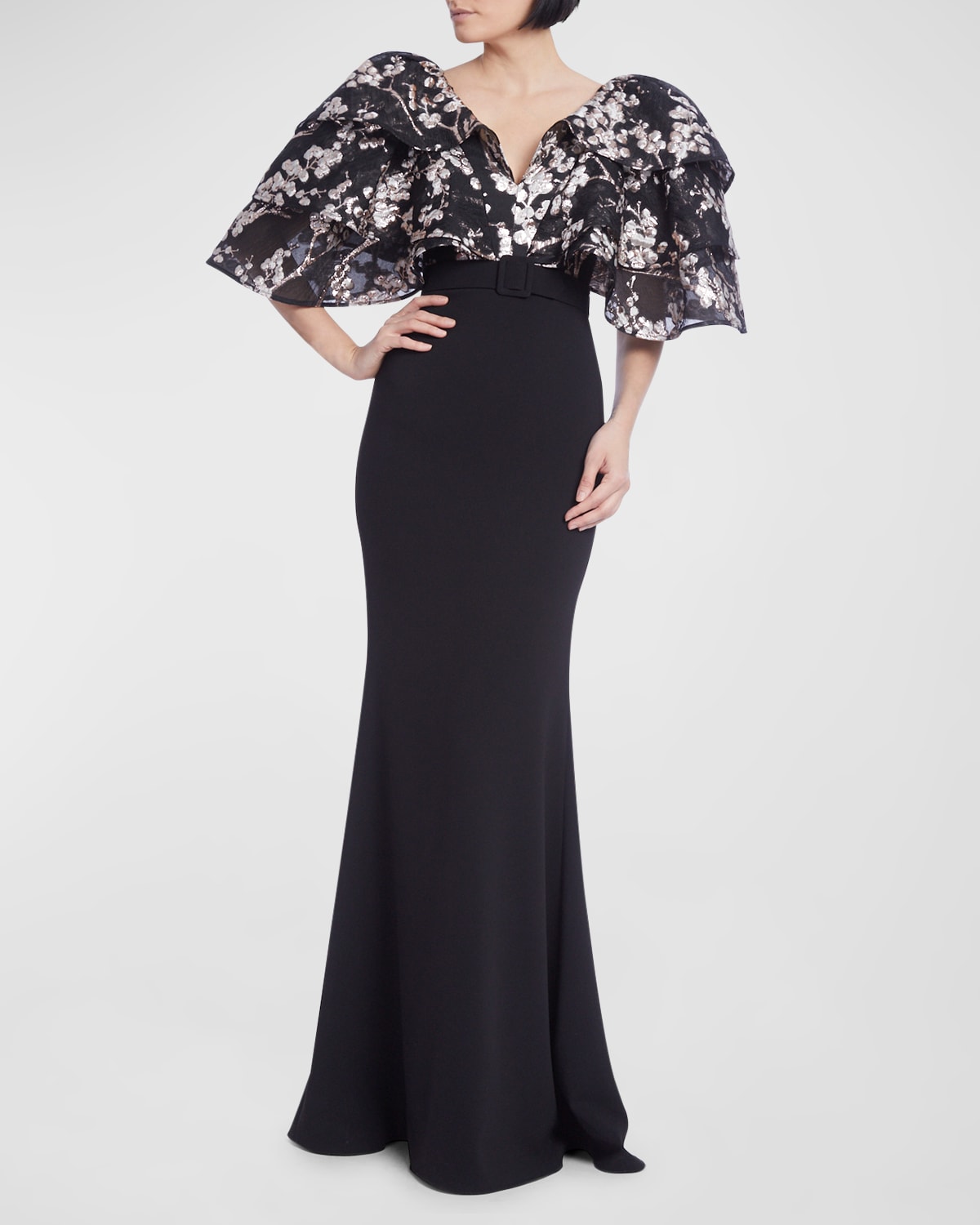 Badgley Mischka Fitted Crepe Gown With Tiered Jacquard Floral Sleeves In Black