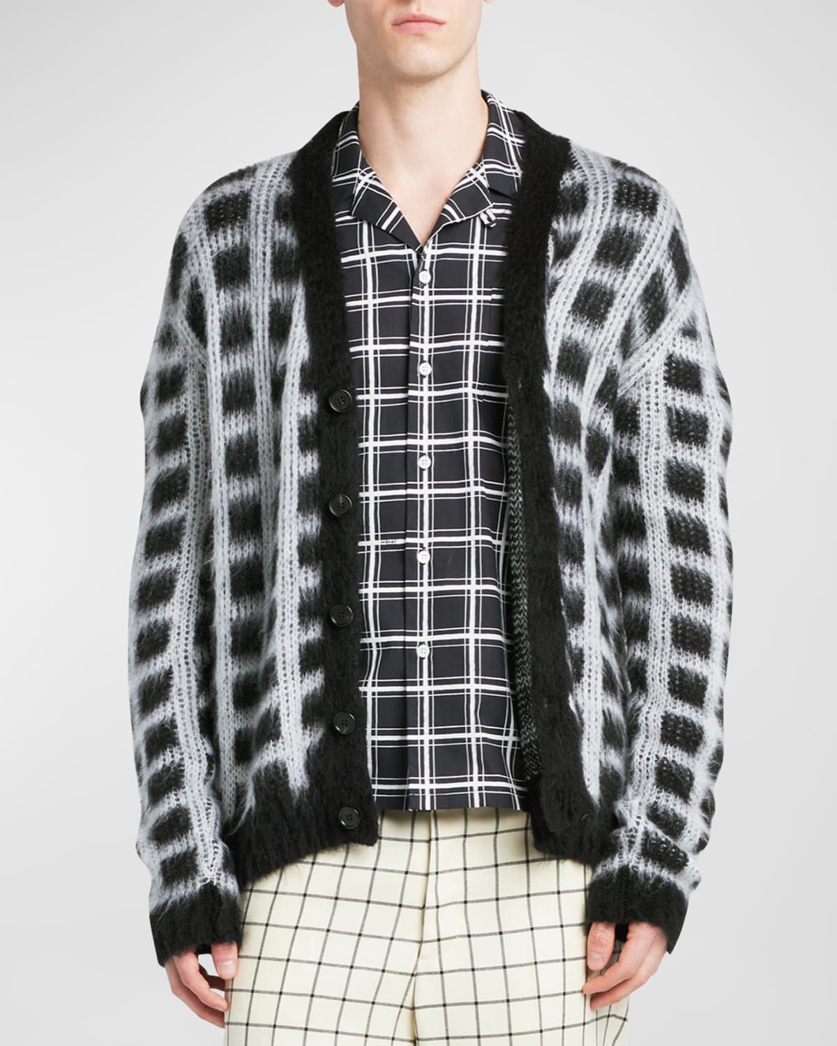 Shop Marni Men's Mohair Check Cardigan In Black