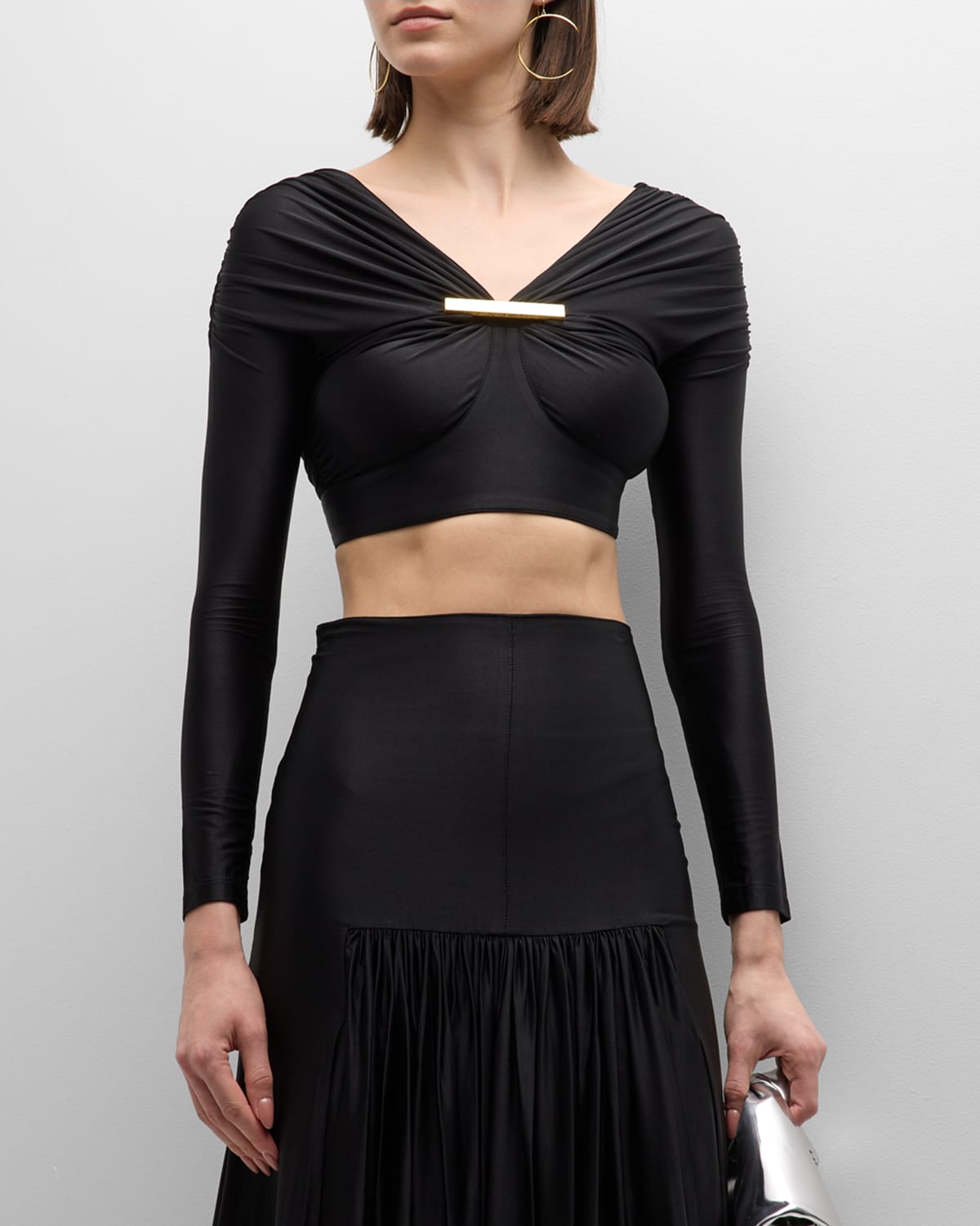 Rabanne Glossy-finish Long-sleeved Cropped Top In Black