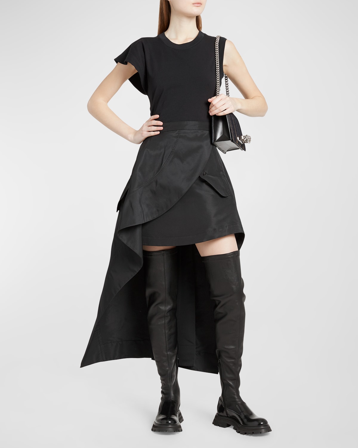 Alexander Mcqueen Cut And Sew Asymmetric Midi Dress In Black