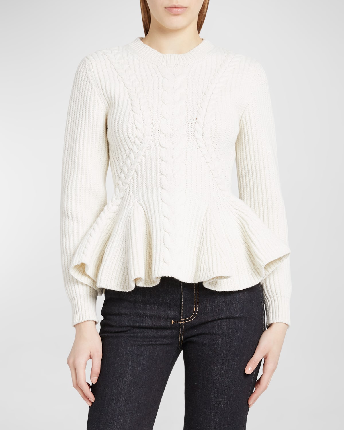 Shop Alexander Mcqueen Cable Wool Cashmere Peplum Sweater In Ivory