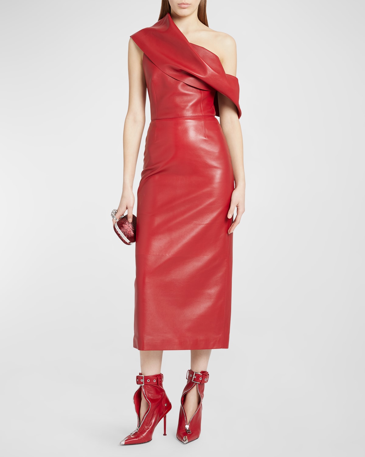 ALEXANDER MCQUEEN ONE-SHOULDER DRAPED LEATHER MIDI DRESS