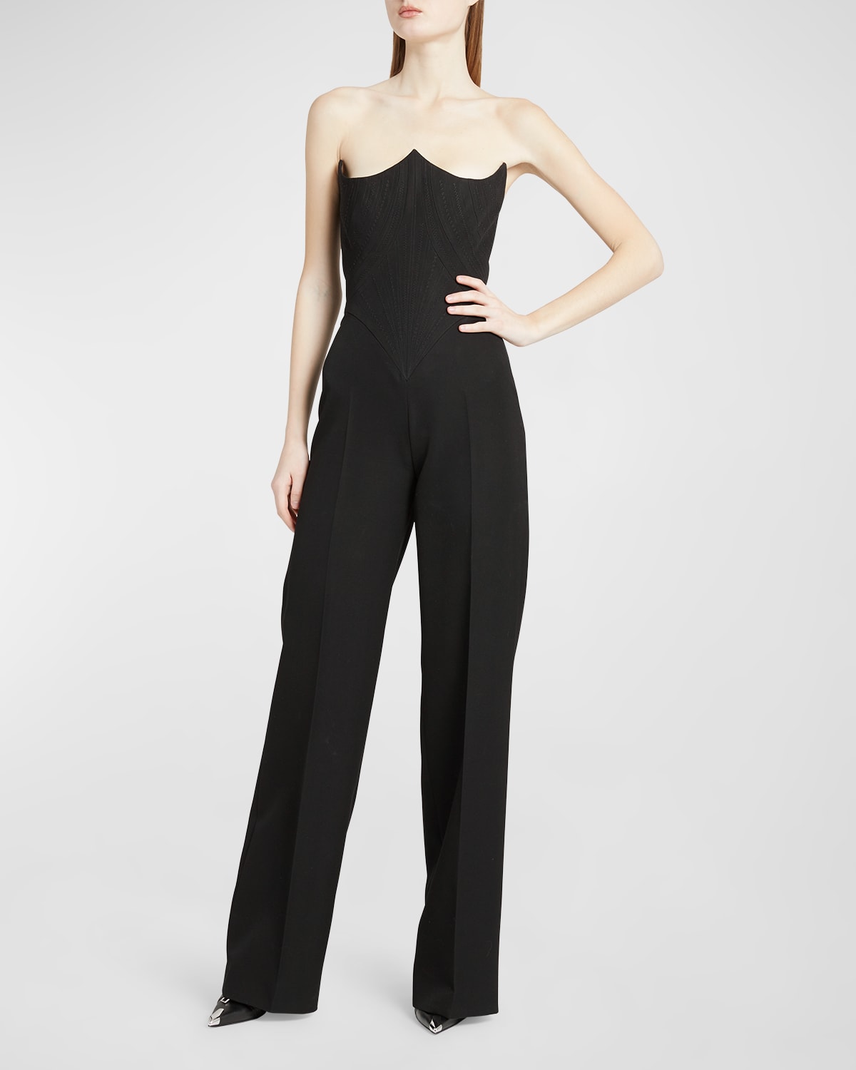 Shop Alexander Mcqueen Strapless Tailored Jumpsuit With Lace-up Back In Black