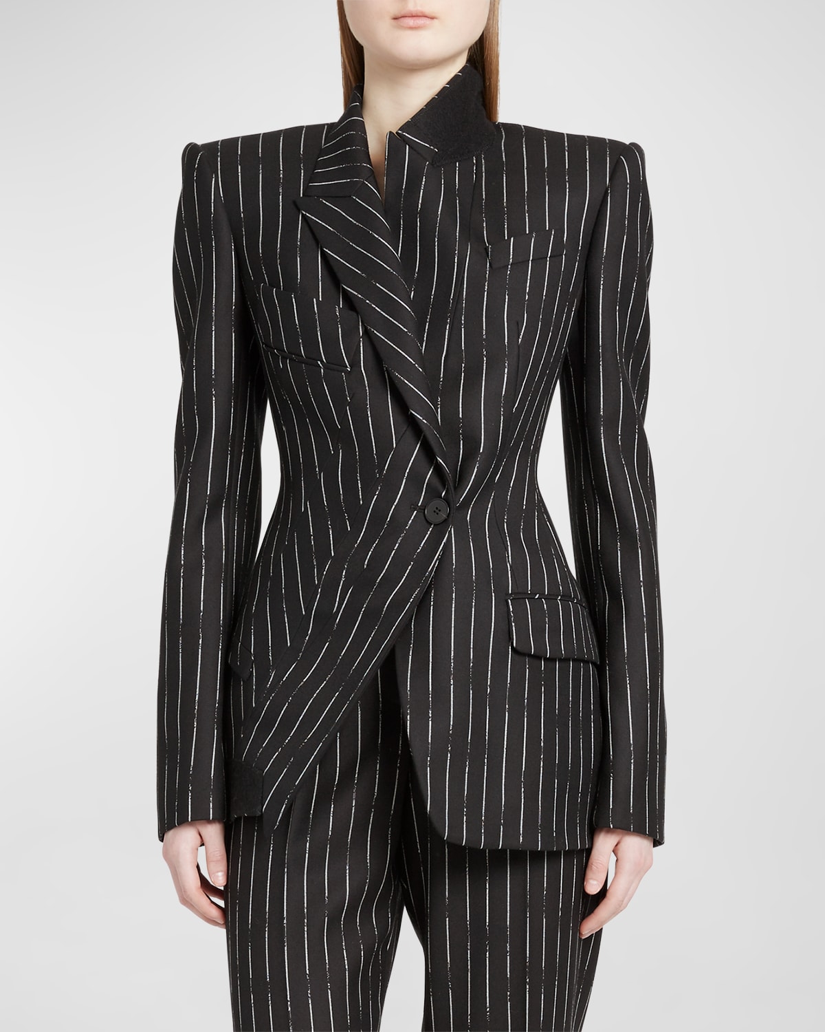 Shop Alexander Mcqueen Wool Upside-down Pinstripe Blazer Jacket In Naturlblk