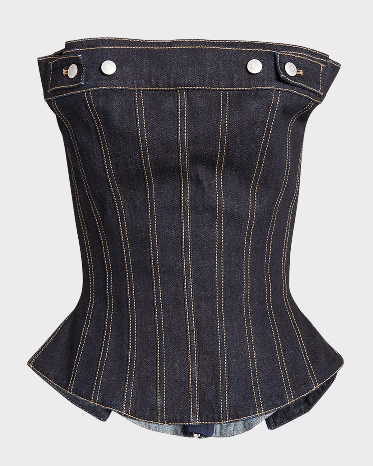 Alexander Mcqueen Peplum Strapless Denim Top In Dkmarine