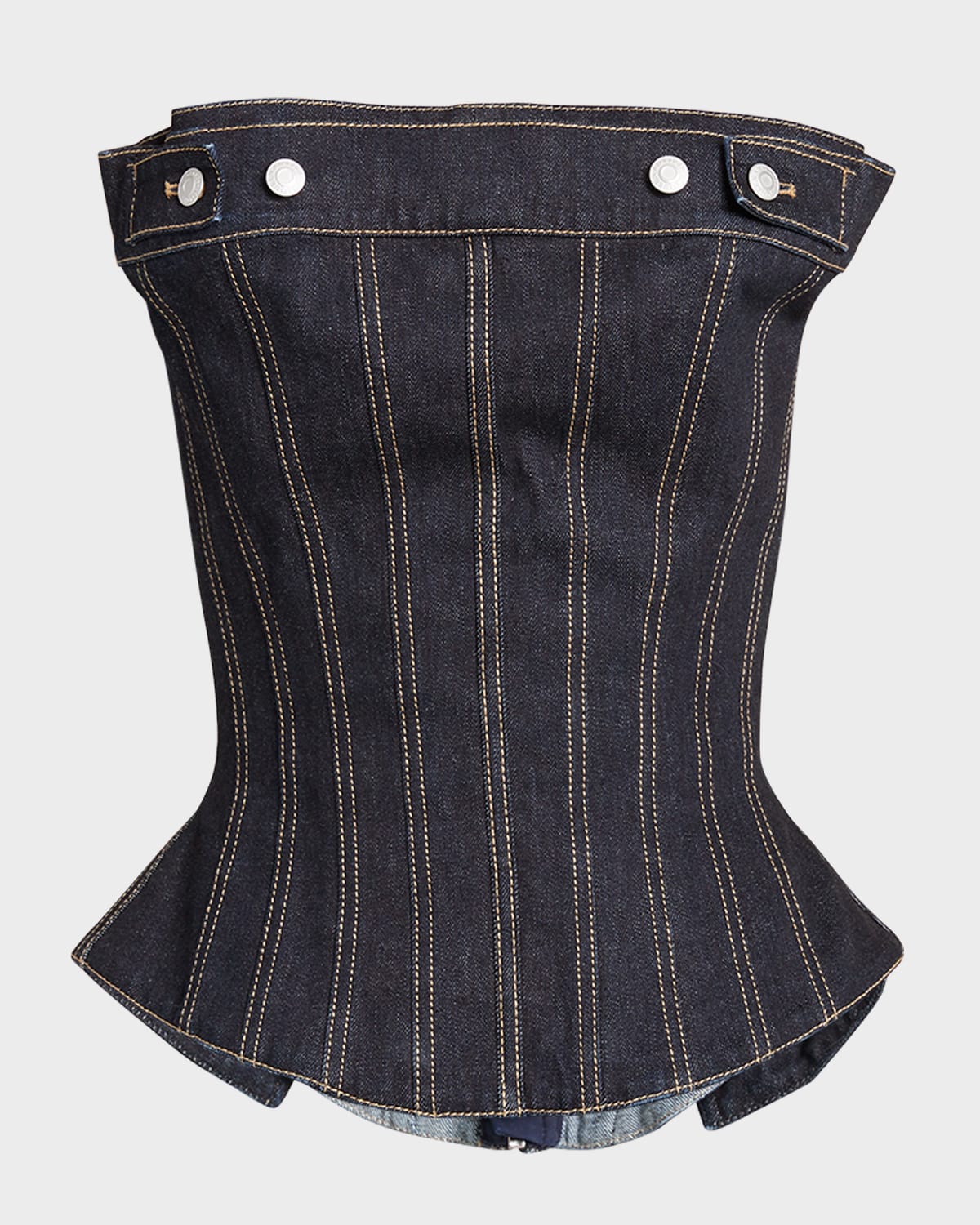 Shop Alexander Mcqueen Peplum Strapless Denim Top In Dkmarine