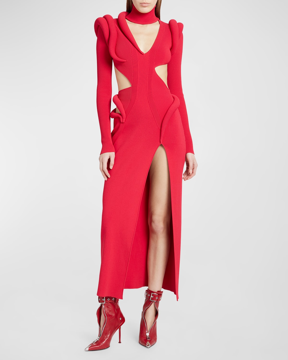 Alexander Mcqueen Long Cutout Ribbed Dress In Red