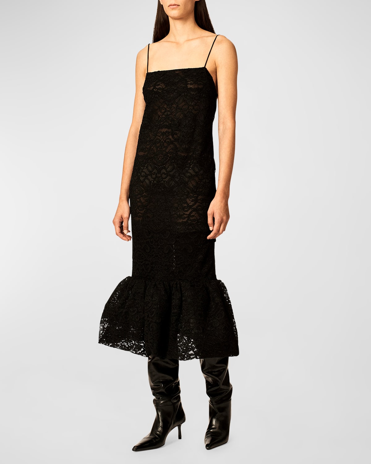 Shop Interior Esther Ruffle-hem Sleeveless Lace Midi Dress In Black