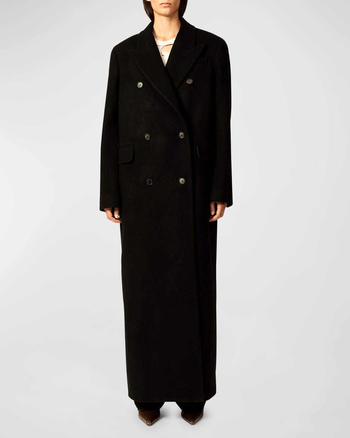 Interior Ren Wool Double-breasted Long Overcoat In Black