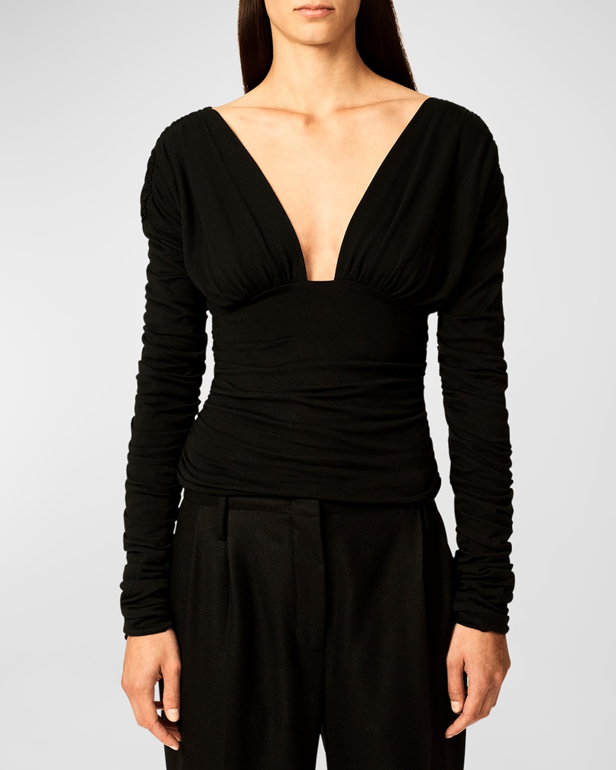 Shop Interior Vera Plunging Ruched Long-sleeve Top In Black