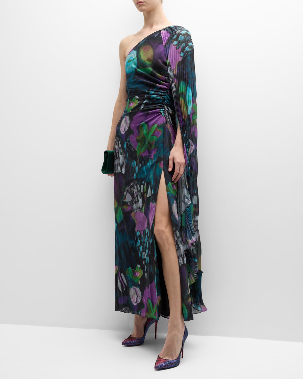Ungaro Abby Side-slit One-shoulder Cape Gown In Violet Mul