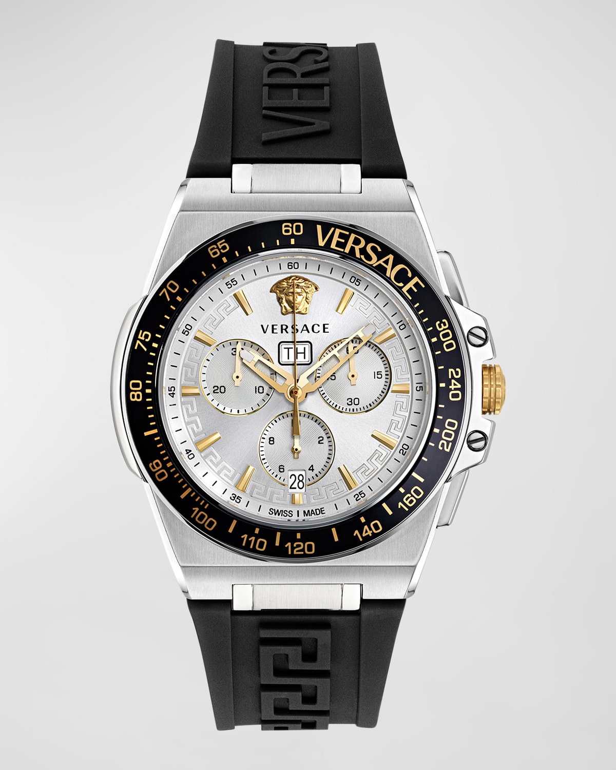 Shop Versace Men's Greca Extreme Chronograph Silicone Strap Watch, 45mm In Silver Black