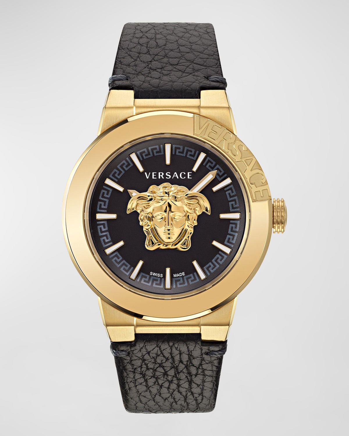 VERSACE MEN'S MEDUSA INFINITE LEATHER STRAP WATCH, 47MM