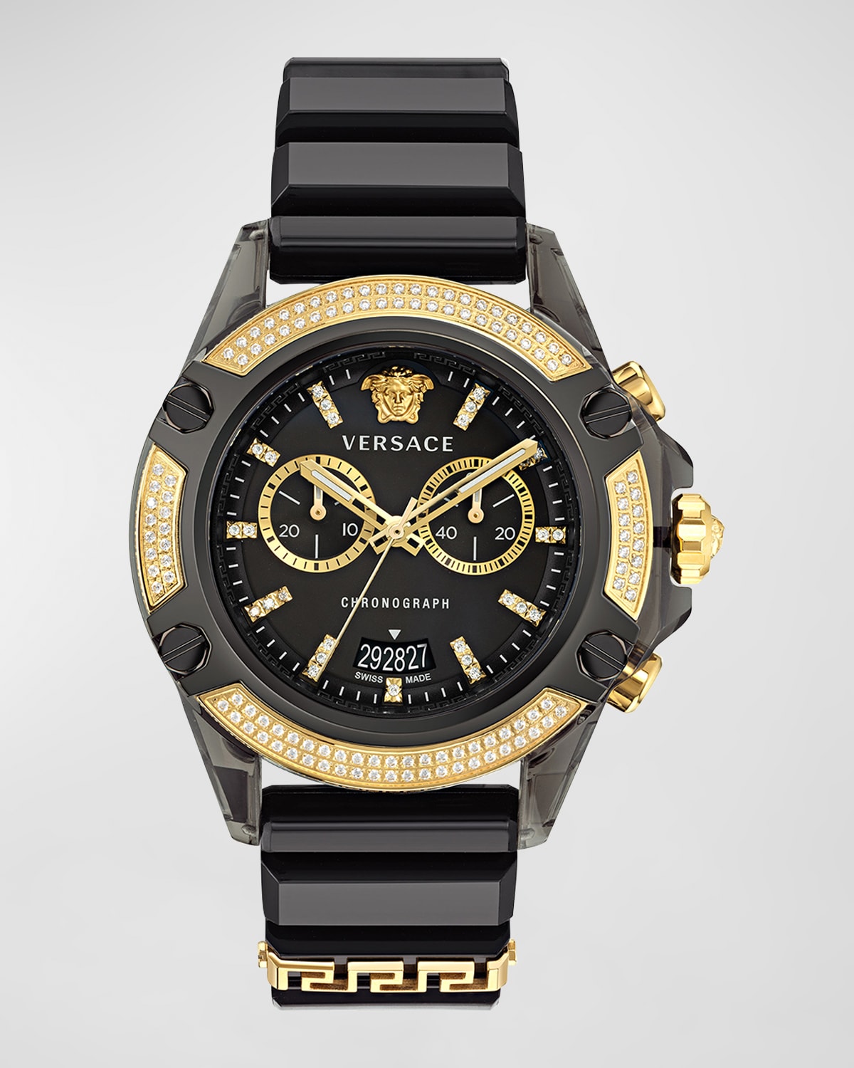 Shop Versace Men's Icon Active Chronograph Silicone Strap Watch With Diamonds, 44mm In Black