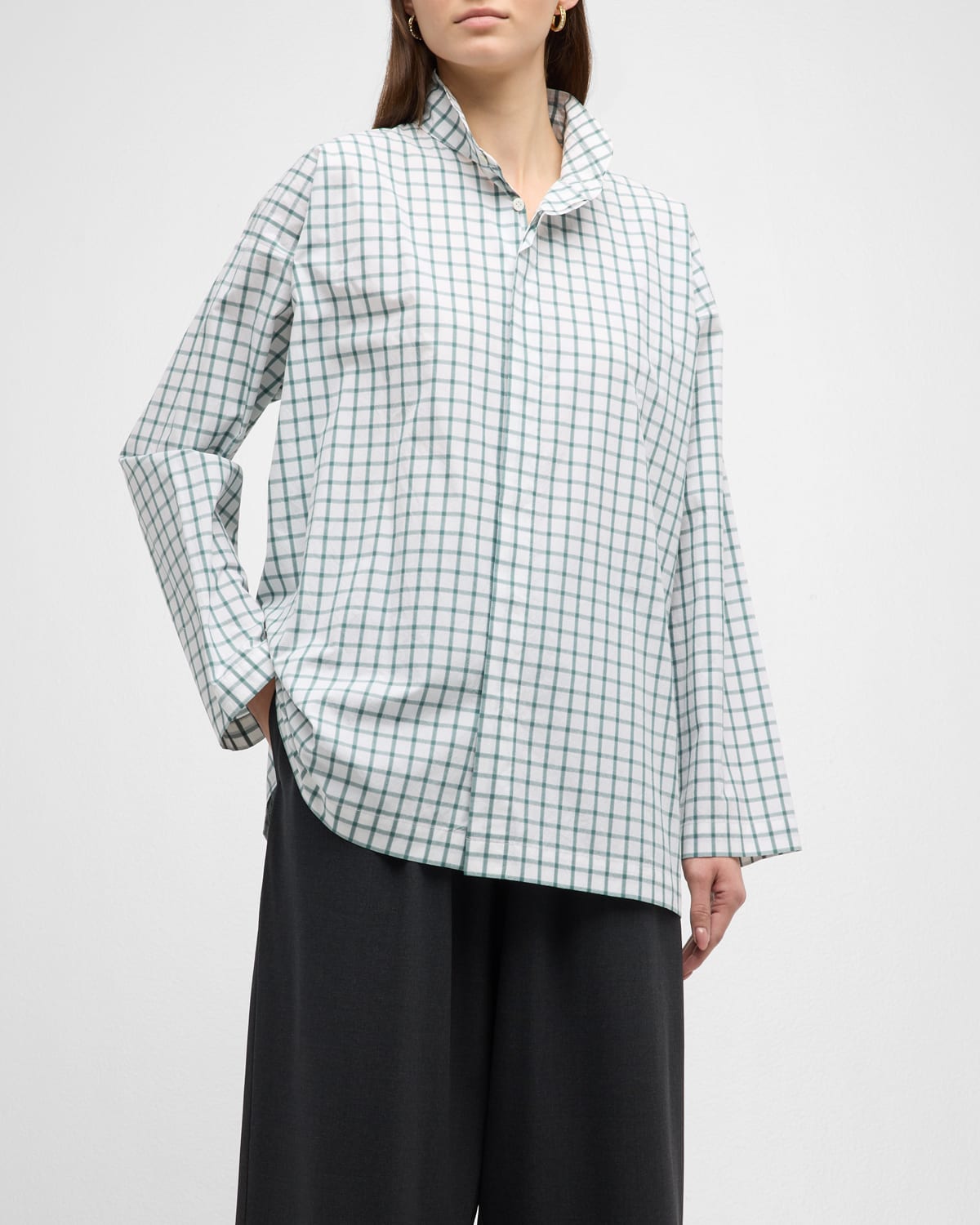 Shop Eskandar Slim A-line Long Shirt With Double Stand Collar In Willowgreen
