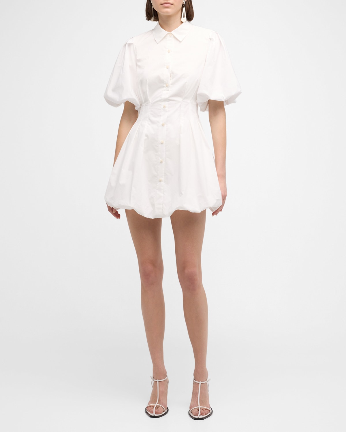 Shop Simkhai Cleo Polin Balloon-sleeve Pleated Mini Dress In White