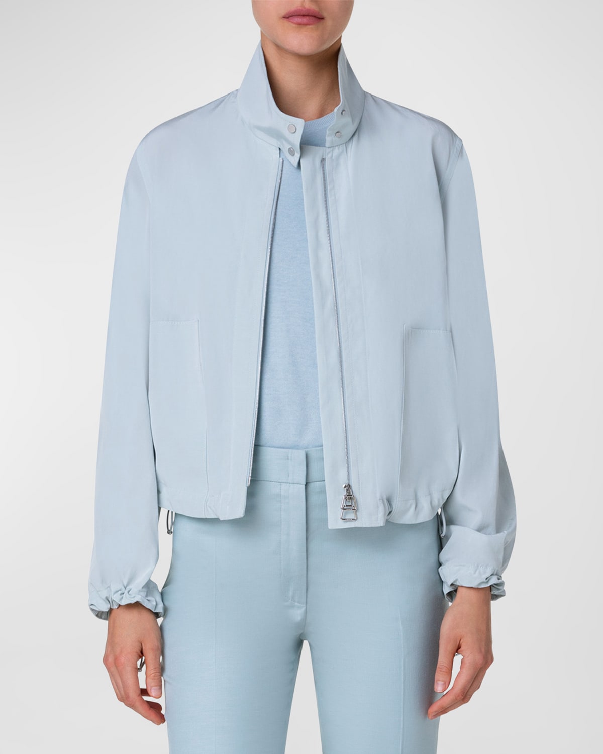 Shop Akris Elizah Taffeta Zip-up Jacket With Drawcord Hem In Bleached Denim