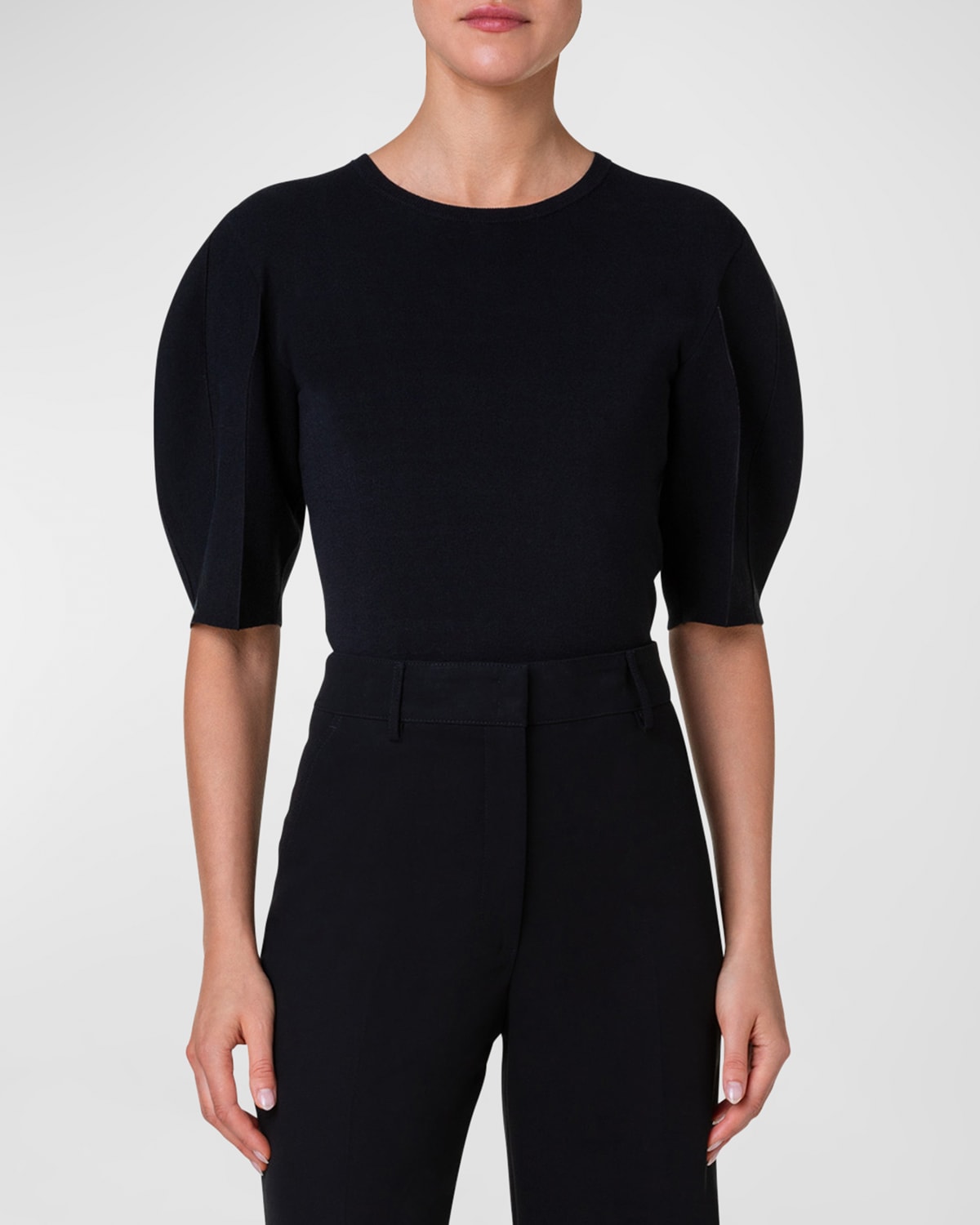 Shop Akris Silk Cotton Knit With Volume Puff Sleeves In Black