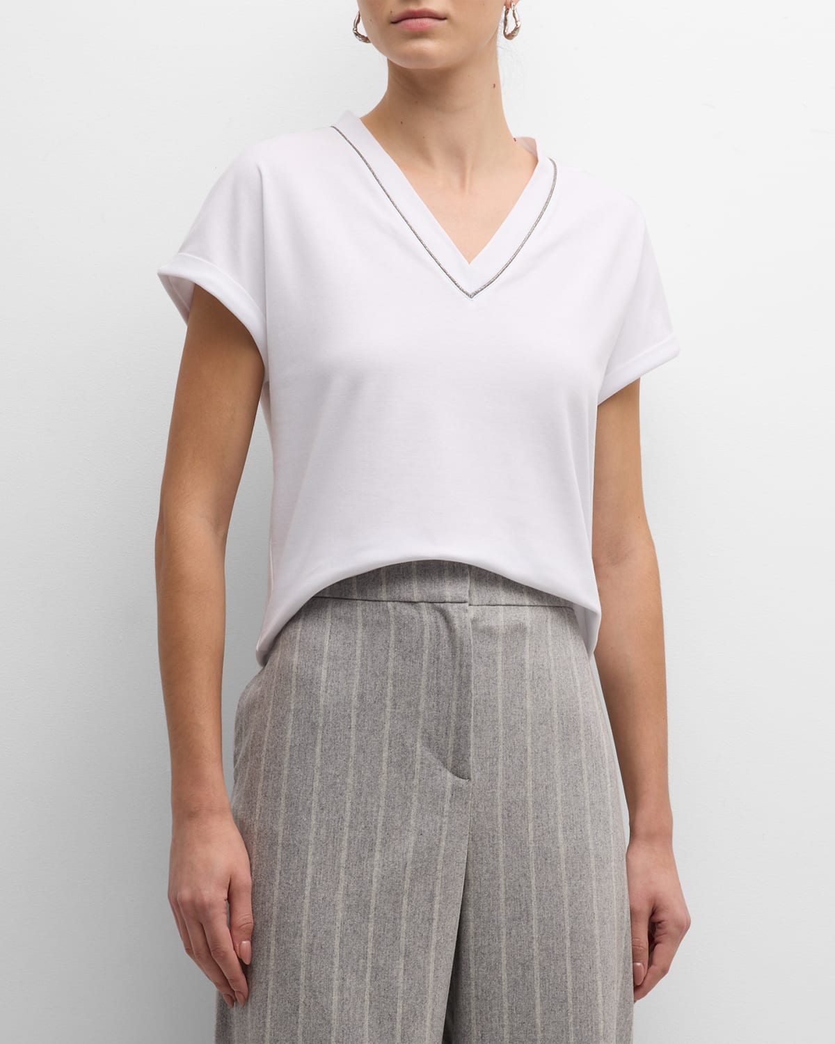 Eleventy Short-sleeve V-neck Cotton T-shirt In Bianco Fumo