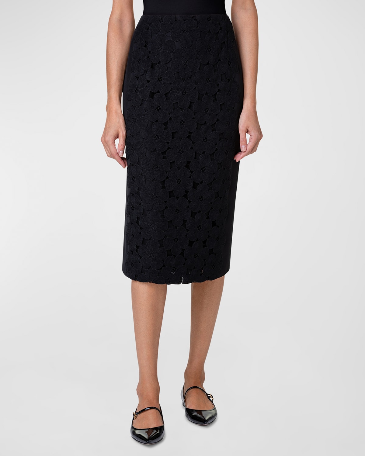 Shop Akris Anemone Embroidered Crepe Pencil Skirt In Black