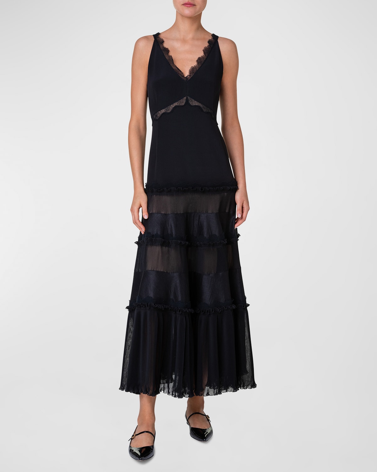 Shop Akris Crepe Layered Midi Dress With Lace Details In Black