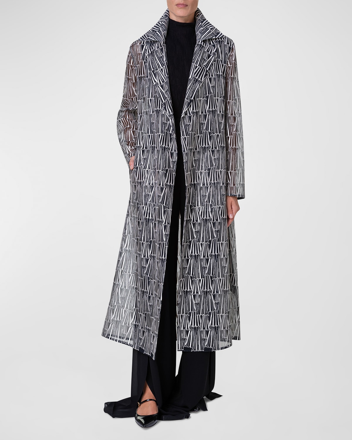Iman Silk Organza Trench Coat with Asagao Striped Embroidery